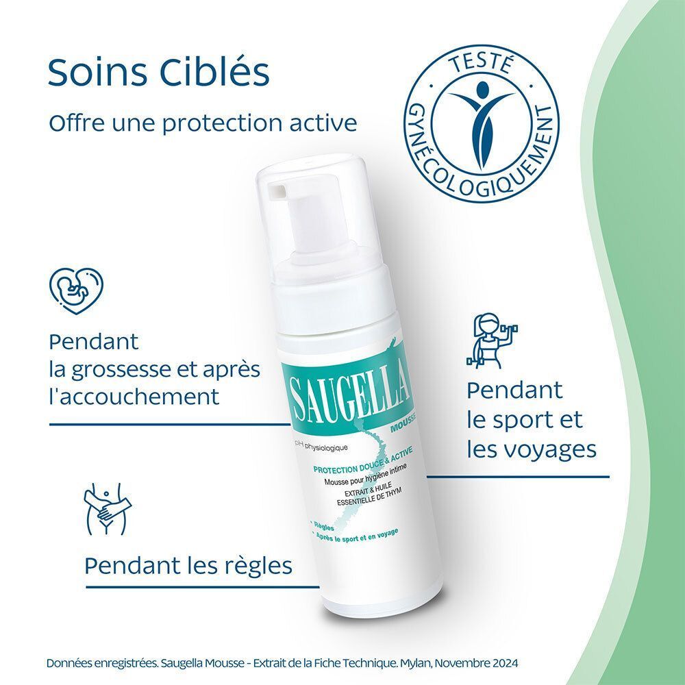 Flacon de produit à côté du texte. Texte: Pendant la grossesse et après l'accouchement, Pendant le sport et les voyages, Pendant les règles.