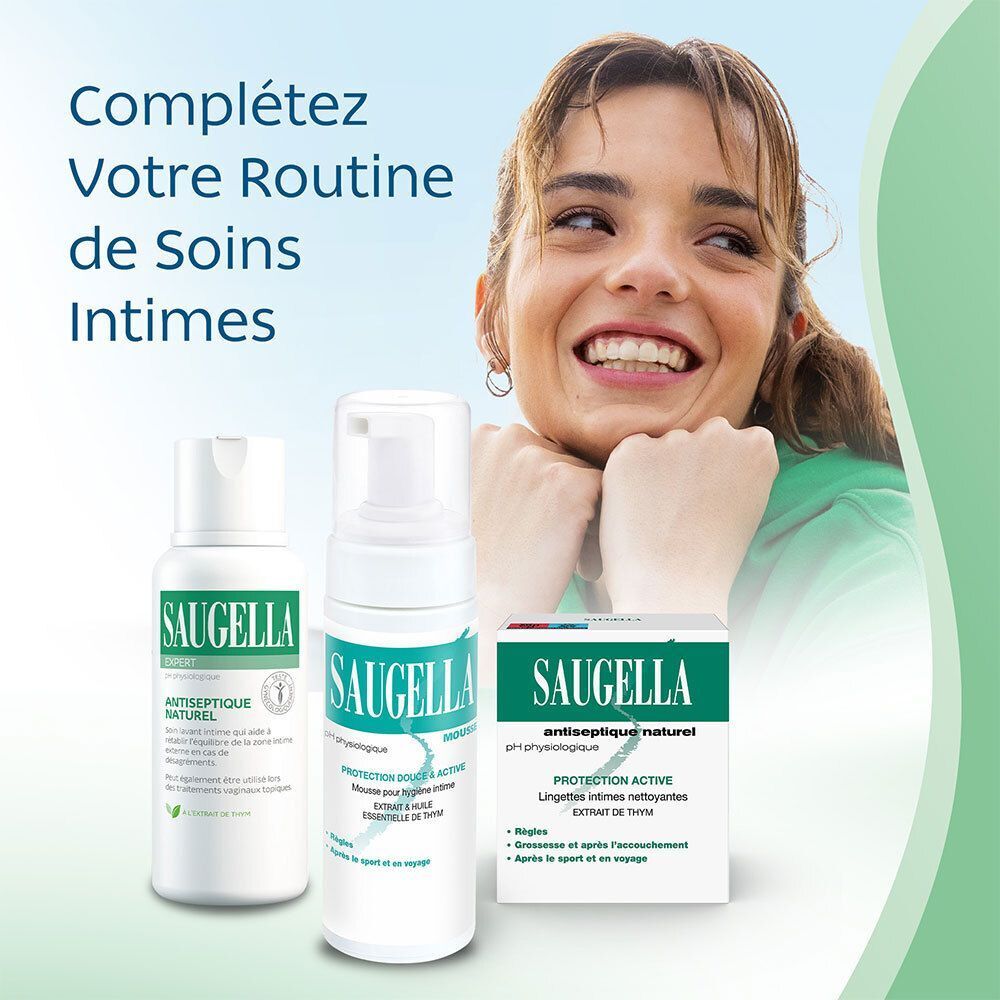 Trois produits. SAUGELLA Antiseptique naturel, SAUGELLA MOUSSE, SAUGELLA. Femme souriante.
