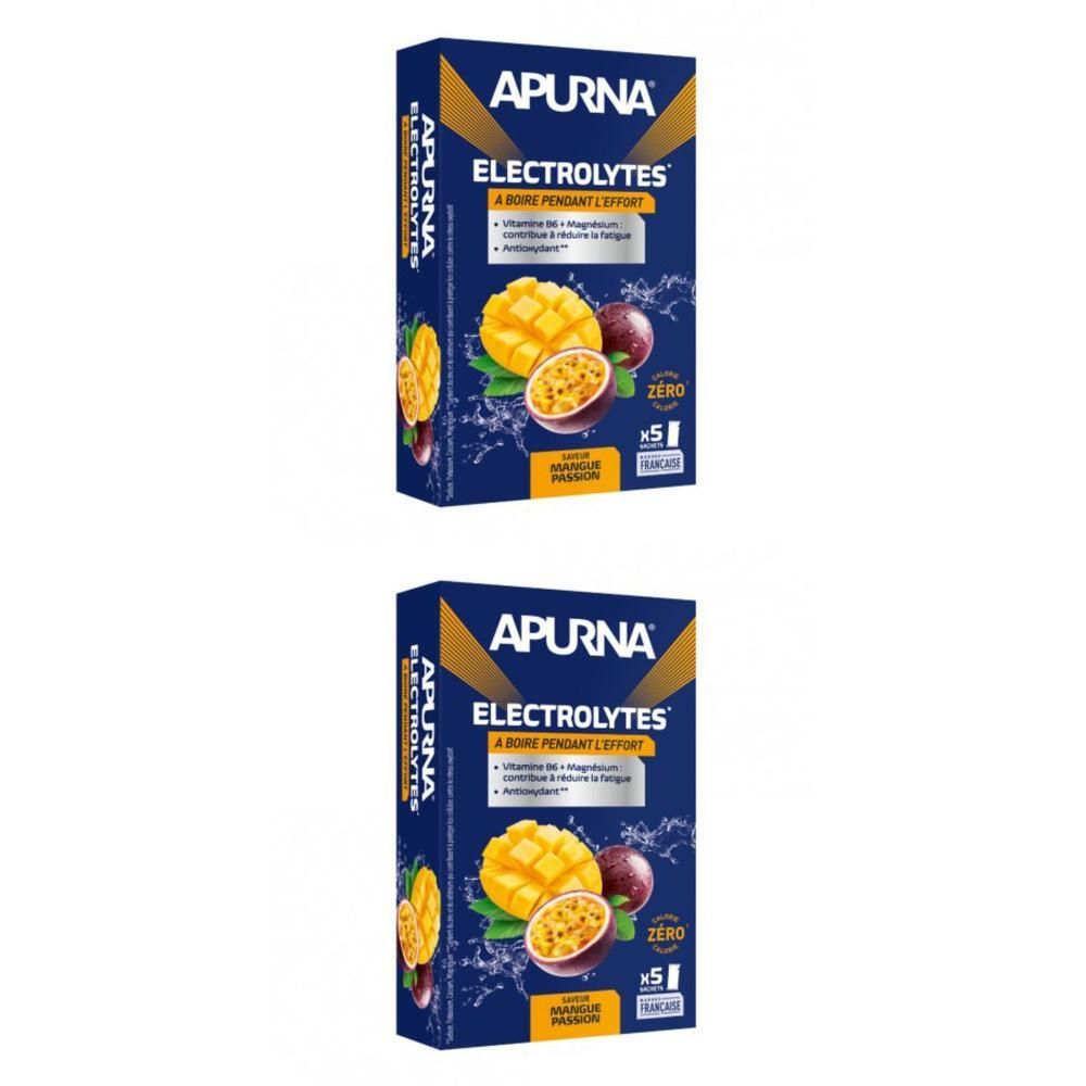 Deux boîtes bleues APURNA Électrolytes. Illustration mangue et fruit de la passion. Texte: Mangue Passion, x5.