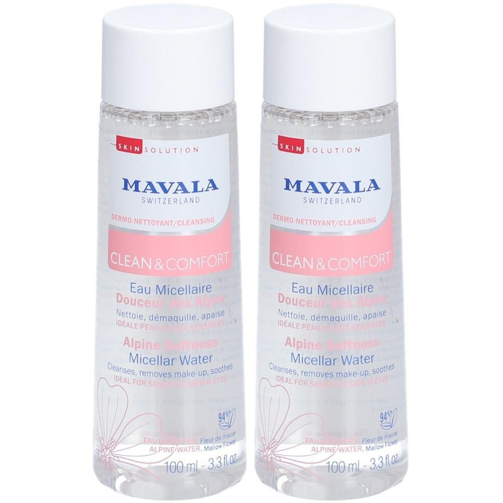 Deux flacons avec bouchons blancs. Inscription: MAVALA, CLEAN & COMFORT, Eau Micellaire. Étiquette rose. Liquide clair visible.