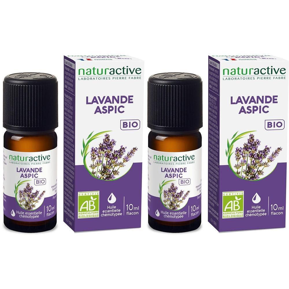 Trois flacons Lavande Aspic Bio et leurs boîtes. Inscriptions: Naturactive, Lavande Aspic Bio, label AB, 10ml.