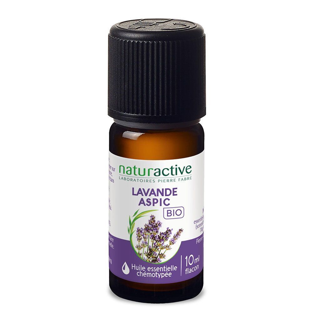 Un flacon Lavande Aspic Bio. Inscriptions: Naturactive, Lavande Aspic Bio, label AB, 10ml.