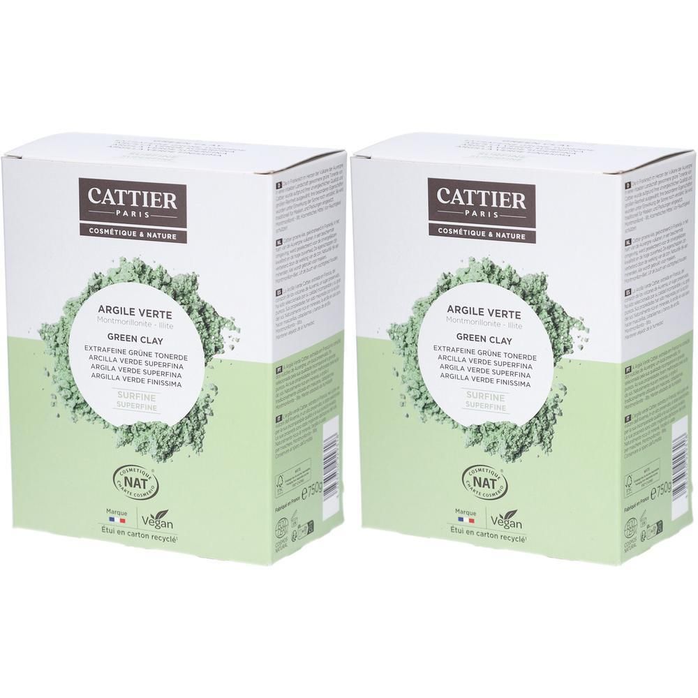 Deux boîtes de CATTIER Argile Verte. Inscription : Argile Verte, Green Clay. Logo NAT et Vegan. Emballage en carton recyclé.