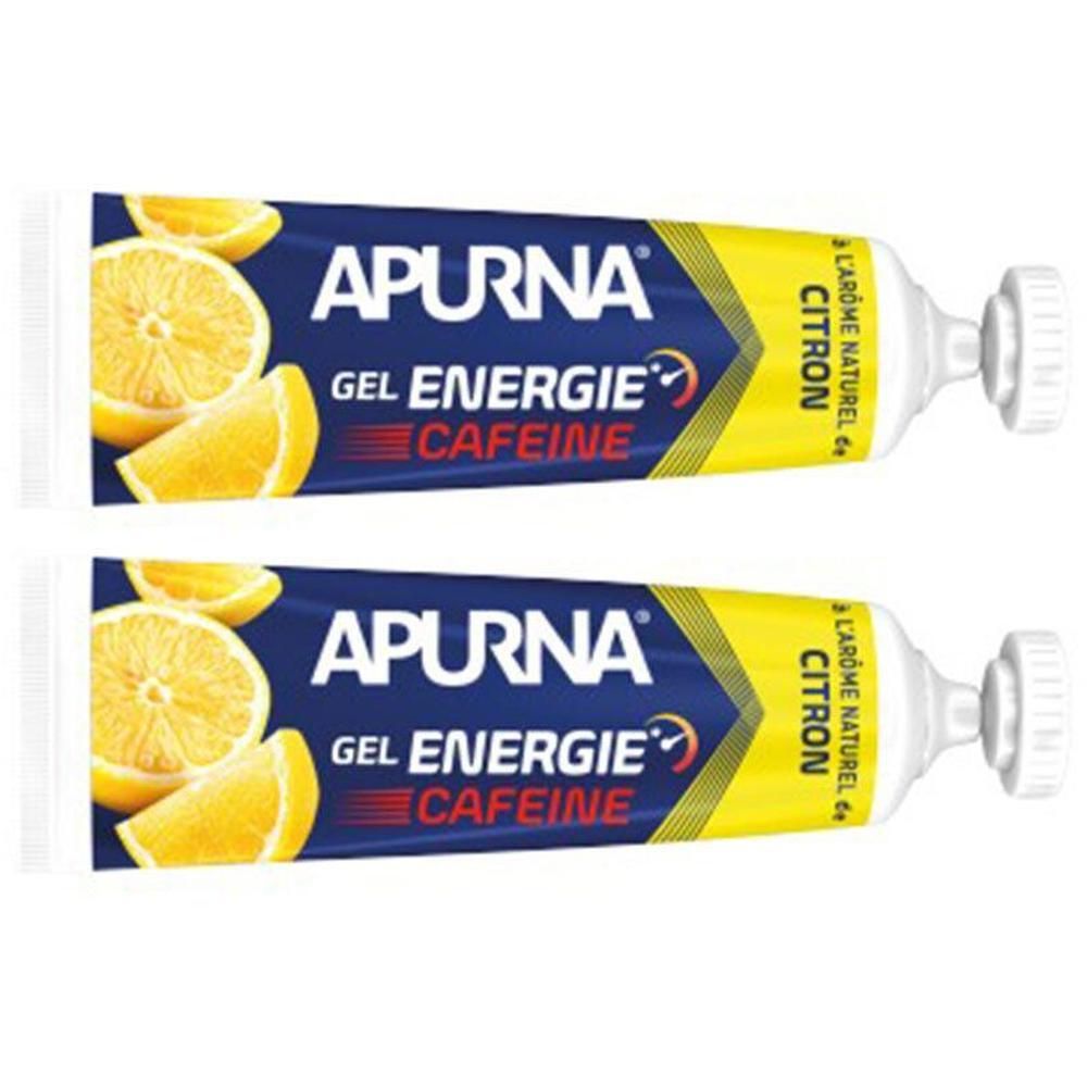 Deux tubes de gel APURNA Energie Caféine Citron. Illustration de citron et informations produit.