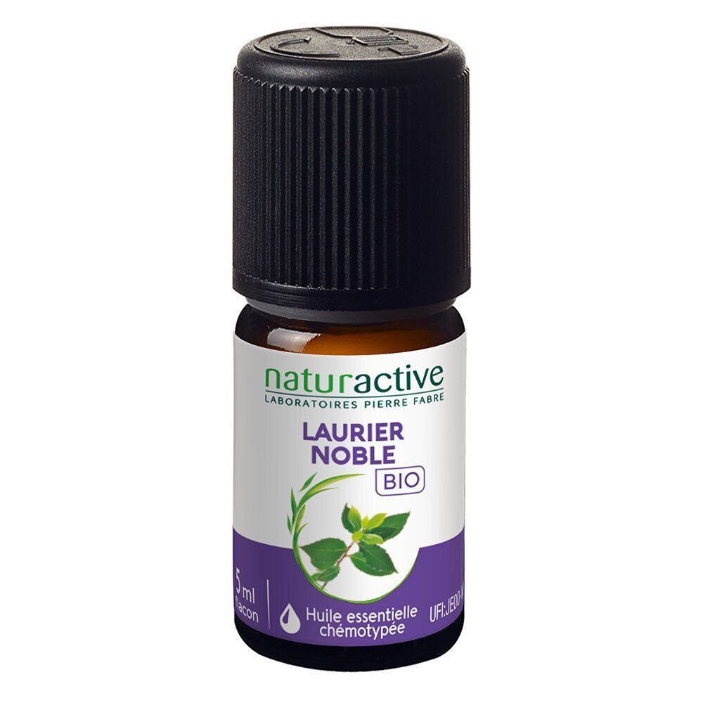 Flacon brun avec bouchon noir. Inscription: LAURIER NOBLE BIO. Marque: Naturactive. 5 ml.