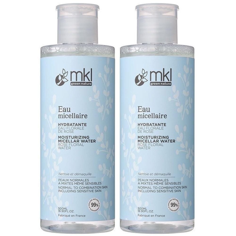 Deux flacons avec étiquette bleu clair. Inscription: mkl, Eau micellaire hydratante, Rose Floral Water. 99% ingrédients d'origine naturelle.