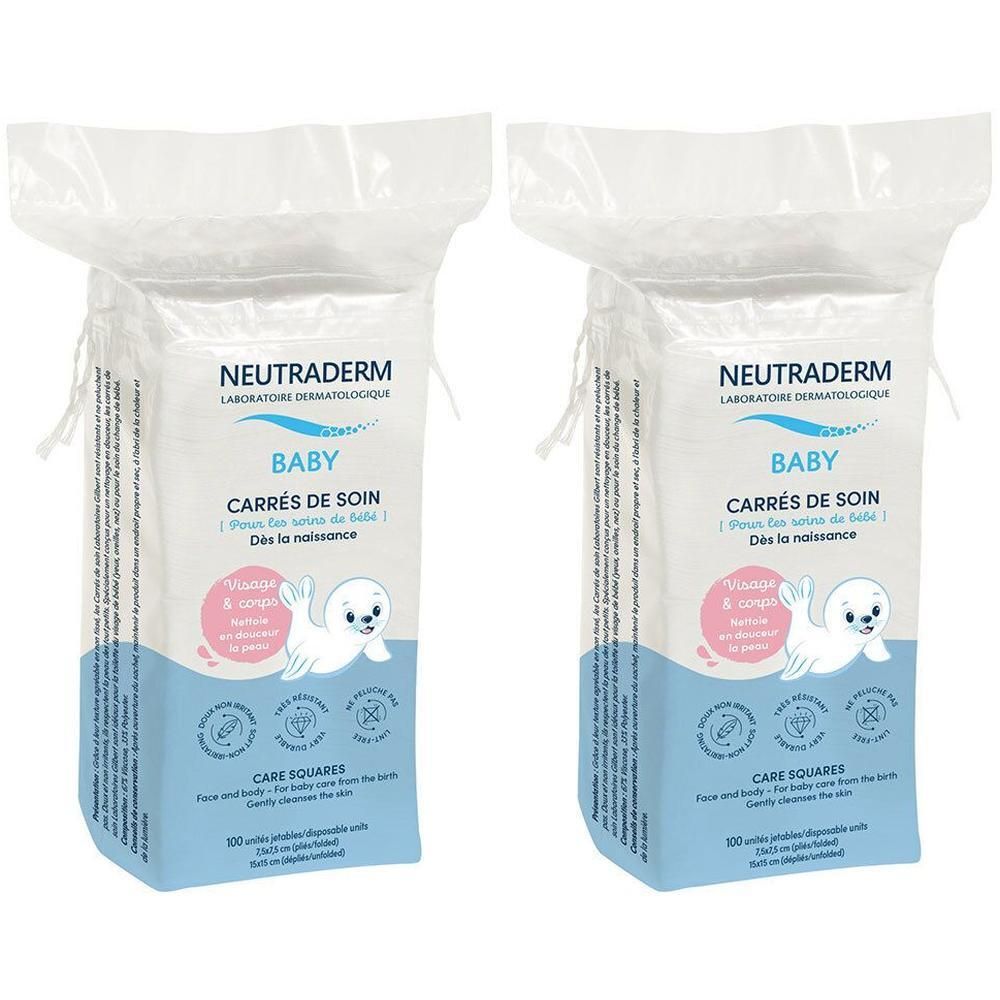 Deux paquets de carrés de soin pour bébé. Carrés blancs dans des sachets transparents. Étiquettes bleues et roses avec texte et dessin de phoque.