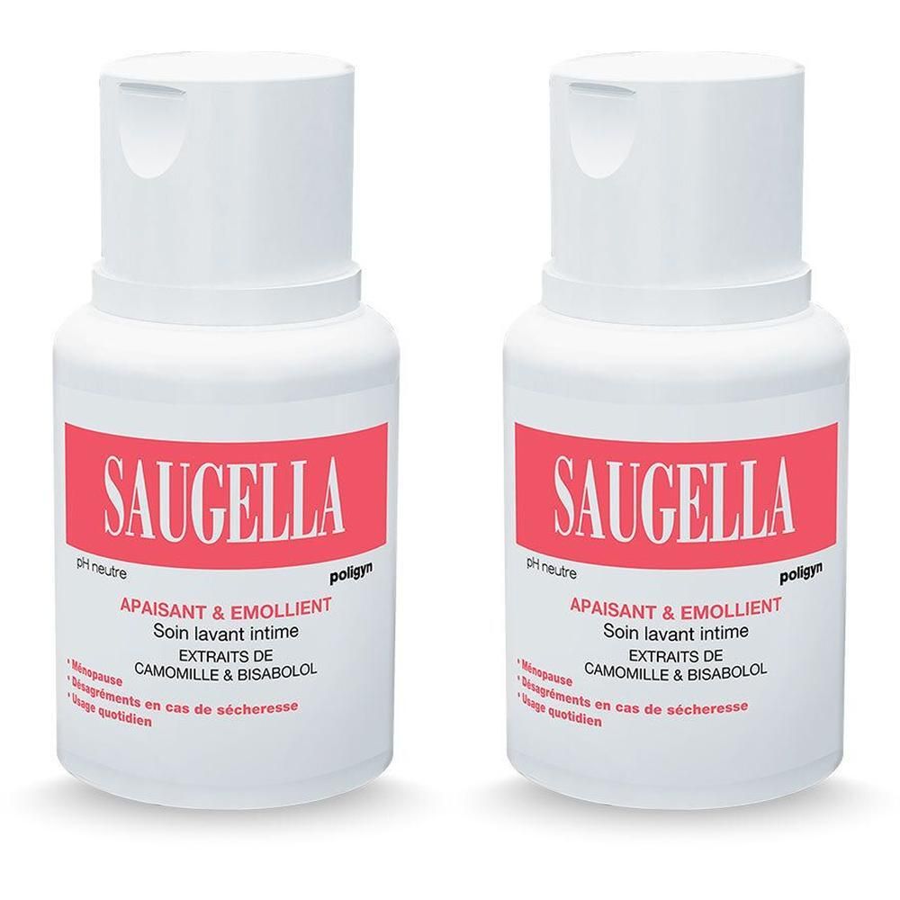 Deux flacons blancs avec étiquette rouge. Inscription SAUGELLA. Texte : Apaisant & Emollient, Soin lavant intime, Extraits de Camomille & Bisabolol.