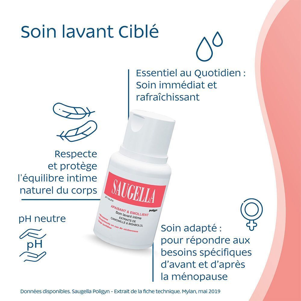 Un flacon blanc avec étiquette rouge. Inscription SAUGELLA. Texte : Apaisant & Emollient, Soin lavant intime, Extraits de Camomille & Bisabolol. Texte et symboles.