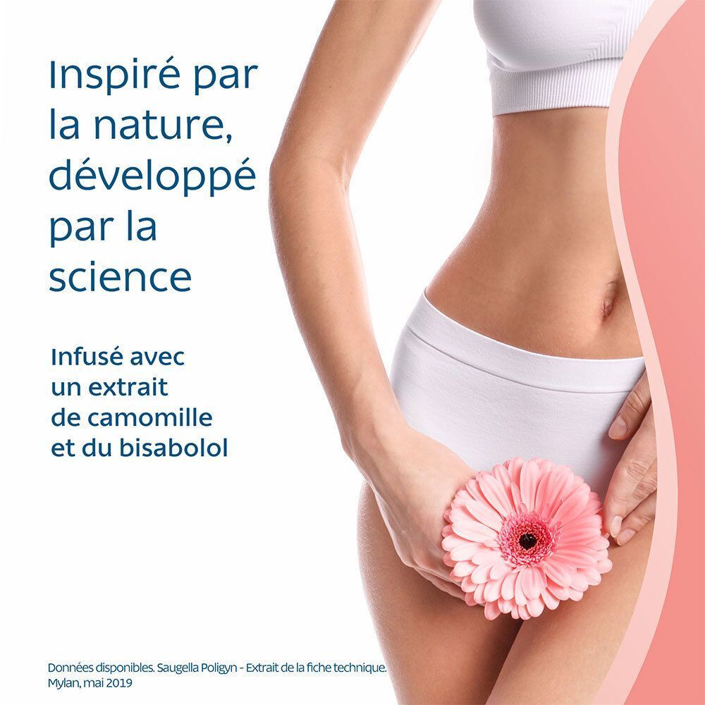 Femme en sous-vêtements blancs, tenant une fleur. Fond rose. Texte : Inspiré par la nature, développé par la science.