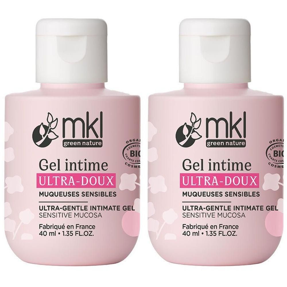 Deux flacons roses avec bouchon blanc. Inscription: Gel intime, Ultra-Doux, pour muqueuses sensibles. Avec certification bio.
