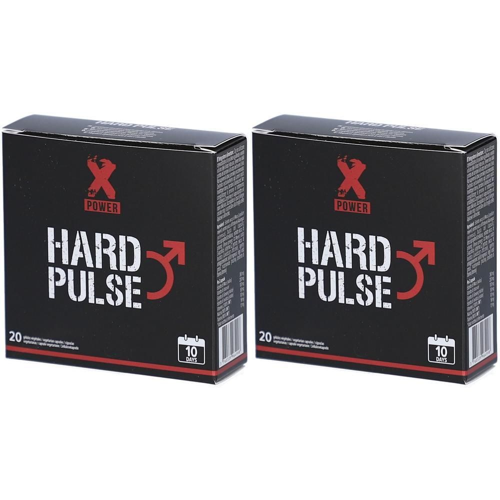 Deux boîtes noires avec texte blanc "HARD PULSE" et symbole flèche rouge. Logo "X POWER" en haut. En bas, "20" et "10".