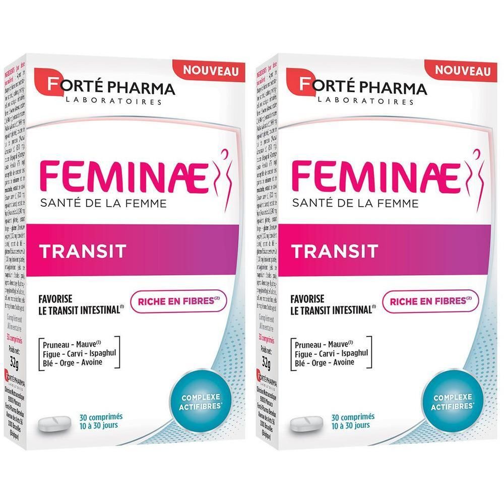 Deux boîtes de comprimés. Inscription: FORTÉ PHARMA, FEMINAE, Transit. Contient 30 comprimés. Avec « Riche en fibres ».