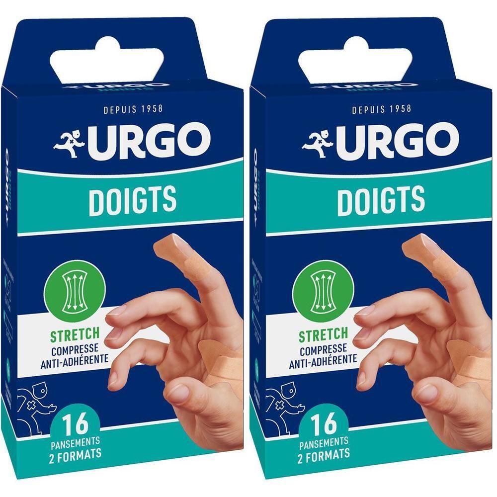 Deux boîtes bleues et blanches. Inscription URGO DOIGTS, 16 pansements, 2 formats. Image d'une main avec un pansement.