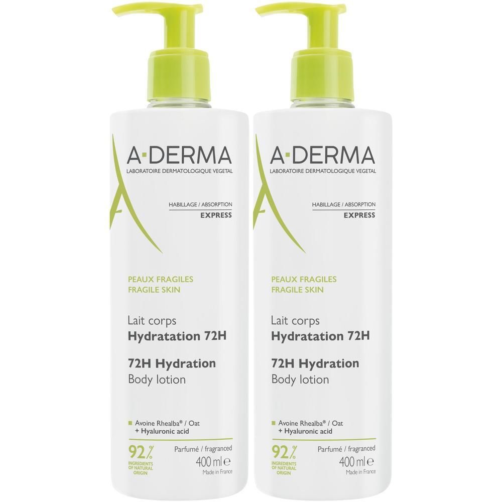Deux flacons blancs avec pompe verte. Inscription: A-DERMA, Lait Corps Hydratation 72H, 72H Hydration Body lotion.