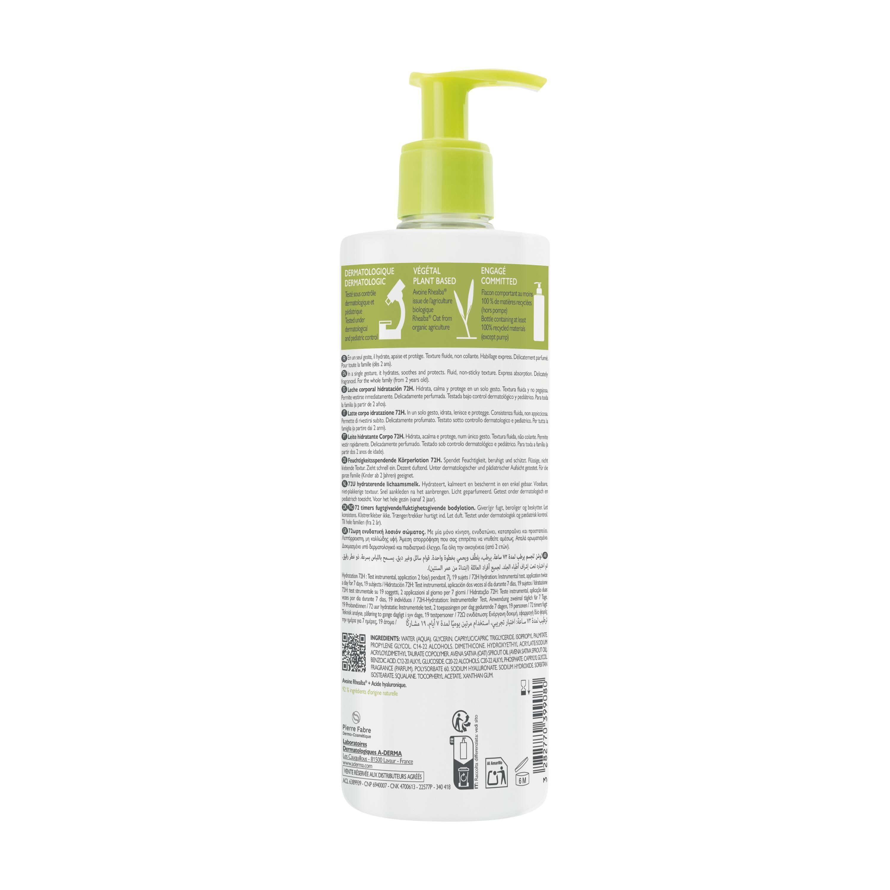 Dos d'un flacon blanc avec pompe verte. Texte multilingue. Logos et informations sur le produit.