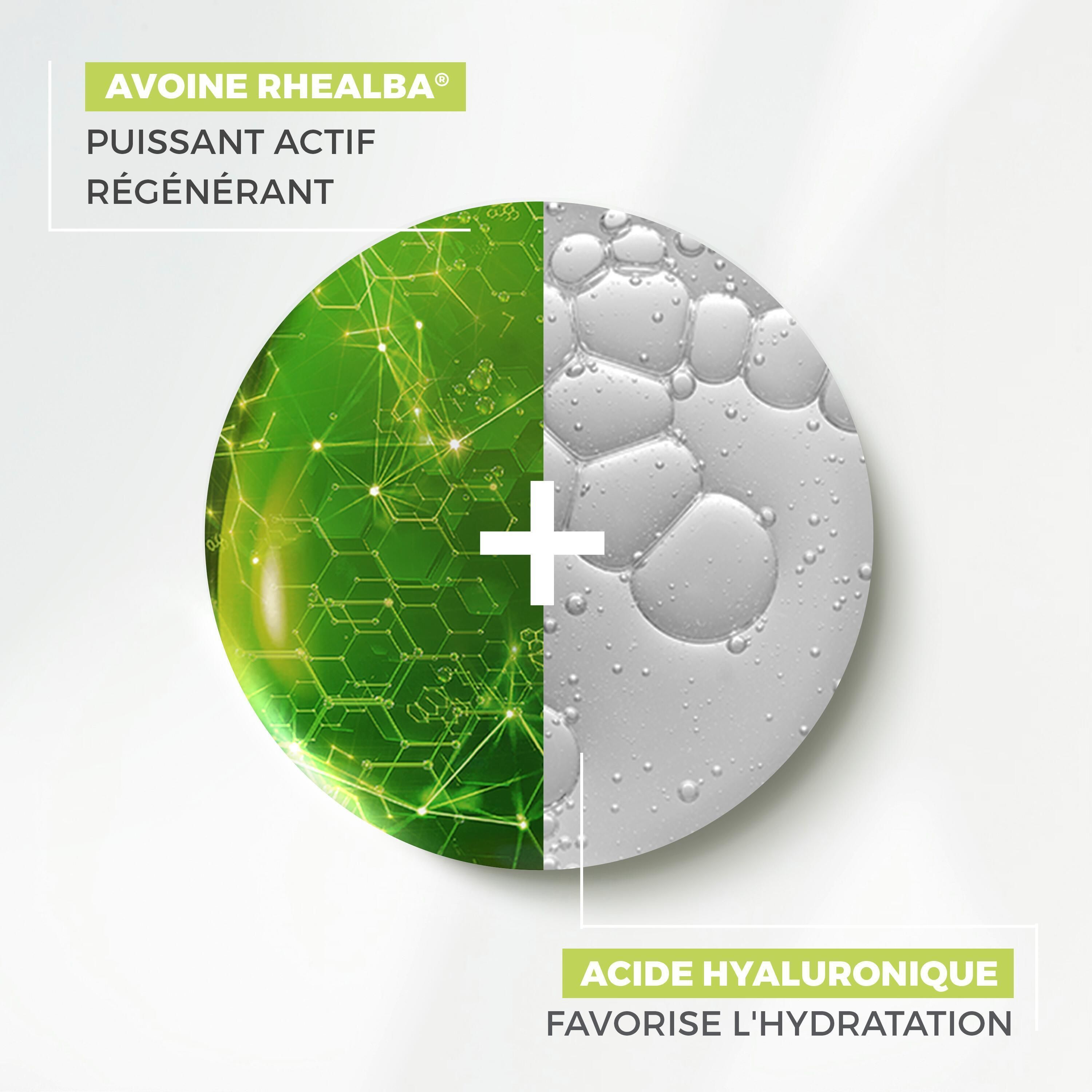 Représentation graphique. Moitié vert, moitié blanc. Texte: Avoine Rhealba, Acide Hyaluronique.
