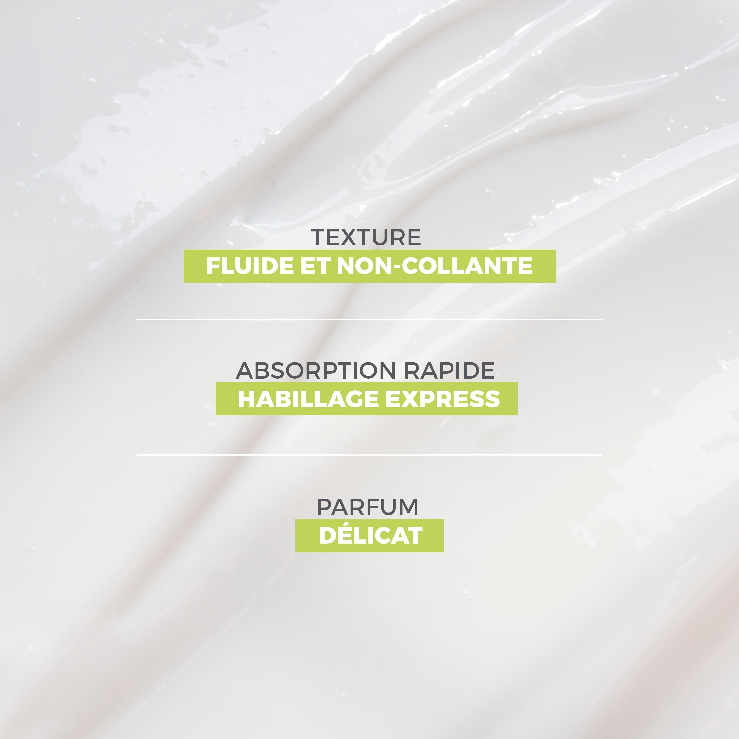 Gros plan sur la texture de la crème. Texte: Fluide et non-collante, Habillage express, Parfum délicat.