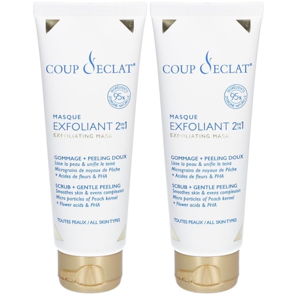 Deux tubes blancs avec bouchon doré. Inscription: COUP D'ECLAT MASQUE EXFOLIANT 2EN1. Contient 95% d'ingrédients d'origine naturelle.