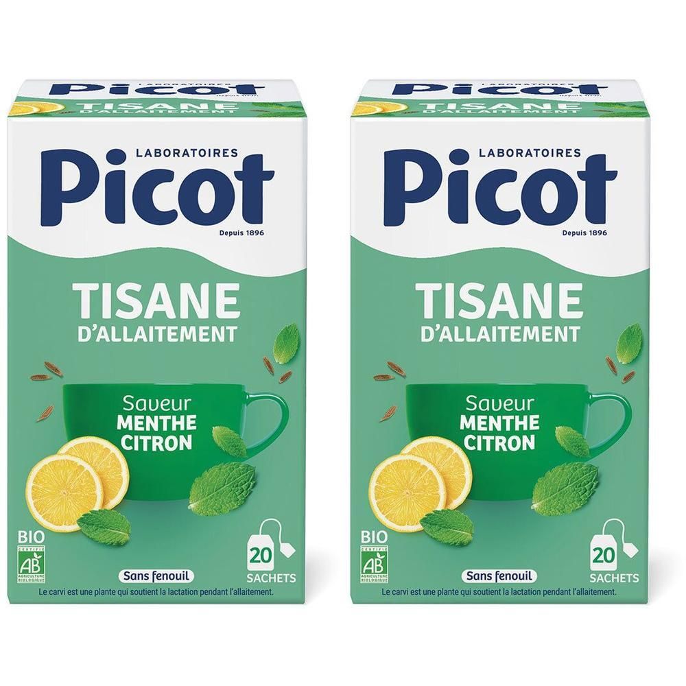 Deux boîtes de tisane. Inscription: Picot, Tisane d'Allaitement, Saveur Menthe Citron. 20 sachets. Label bio. Illustration: tasse, citron, menthe.