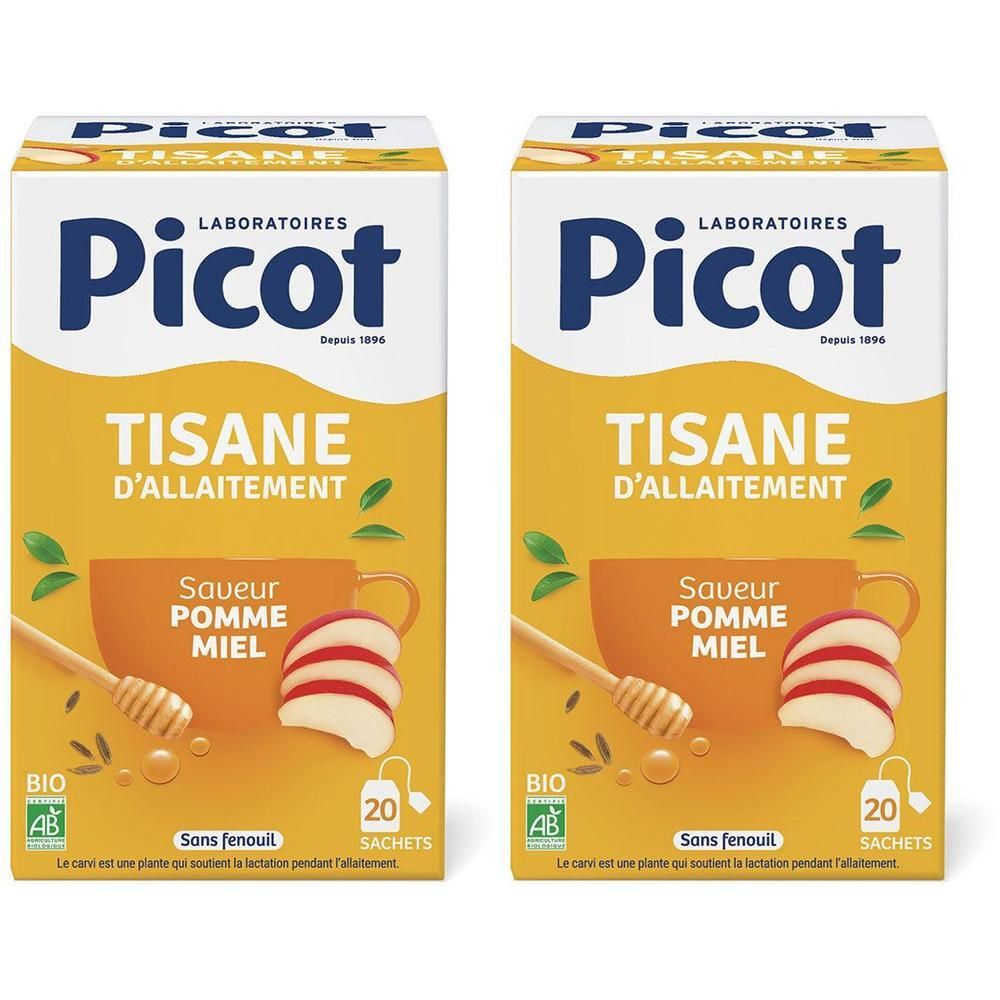 Deux boîtes de Tisane d'Allaitement. Inscription: Picot, Tisane d'Allaitement, Saveur Pomme Miel. 20 sachets. Label Bio.