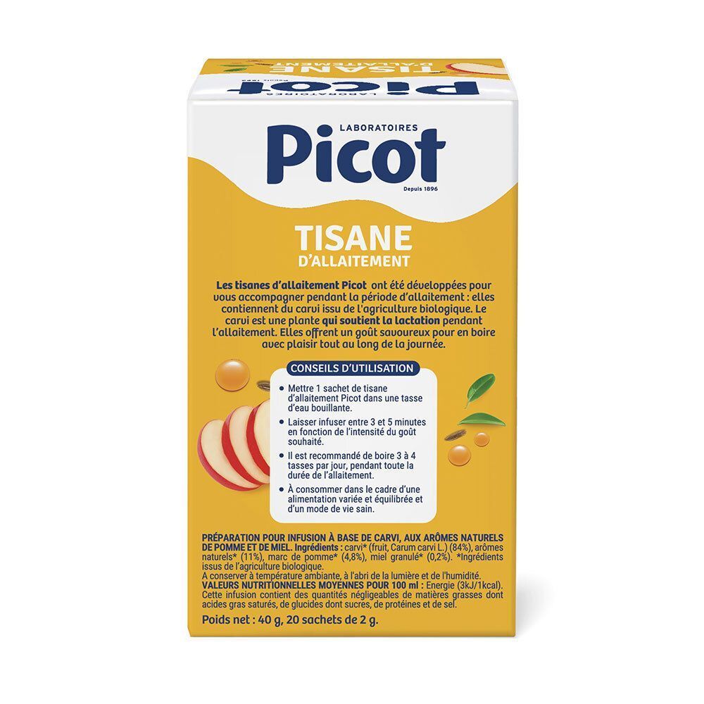 Boîte de Tisane d'Allaitement. Inscription: Picot, Tisane d'Allaitement, Saveur Pomme Miel. Texte et instructions. 20 sachets.