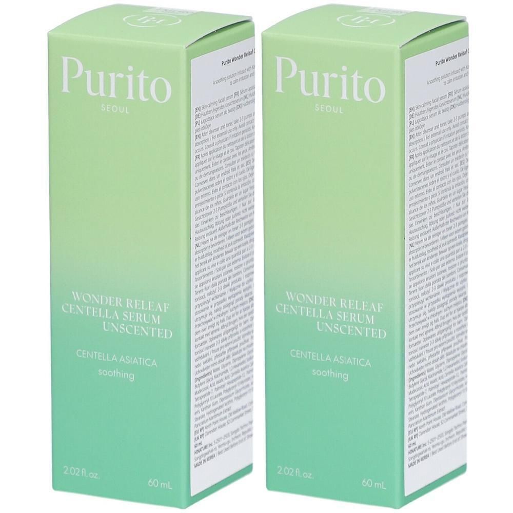 Deux boîtes vertes. Inscription : Purito, Wonder Releaf Centella Serum Unscented, Centella Asiatica. 2.02 fl. oz., 50 ml.