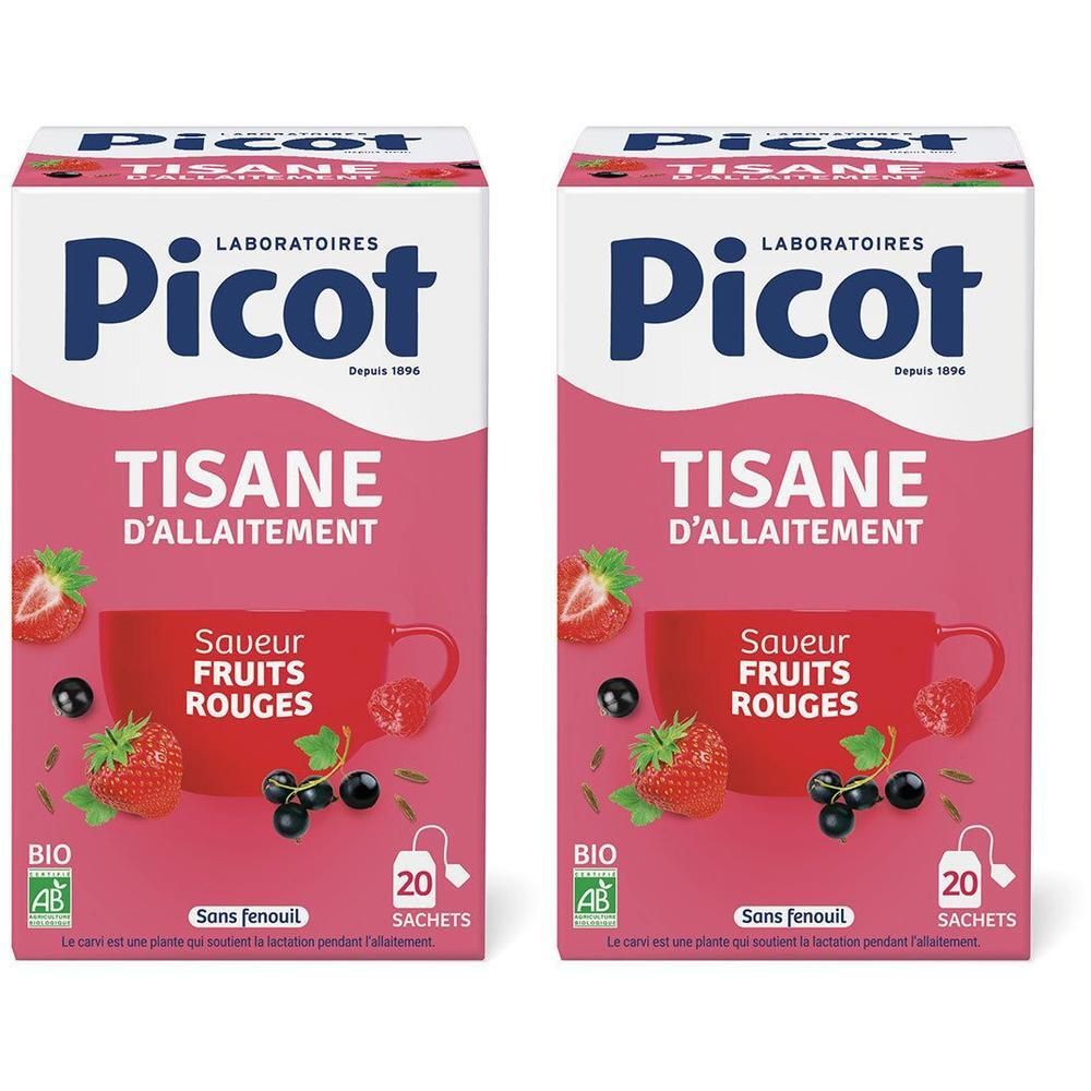 Deux boîtes de Tisane d'Allaitement. Emballage rose avec logo, texte et fruits. 20 sachets.