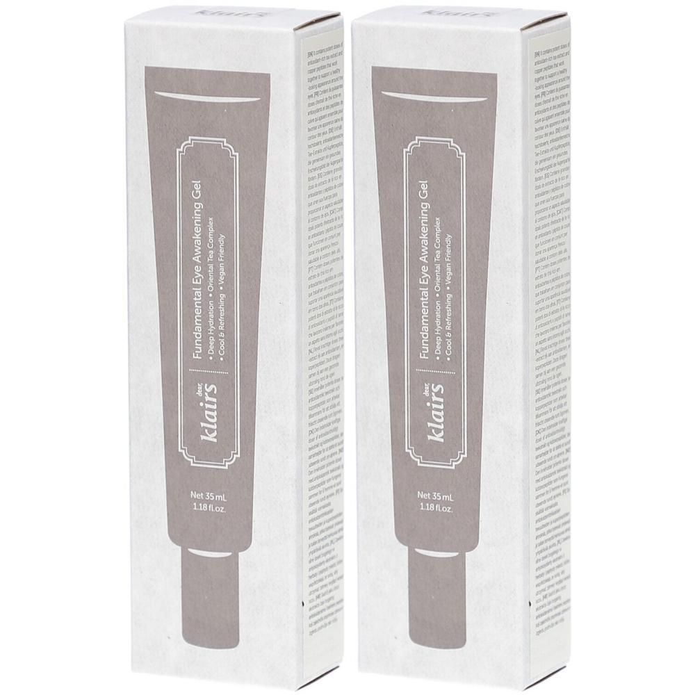Deux boîtes de gel pour les yeux. Chaque boîte porte l'inscription "Fundamental Eye Awakening Gel" et "klairs". L'emballage est blanc.