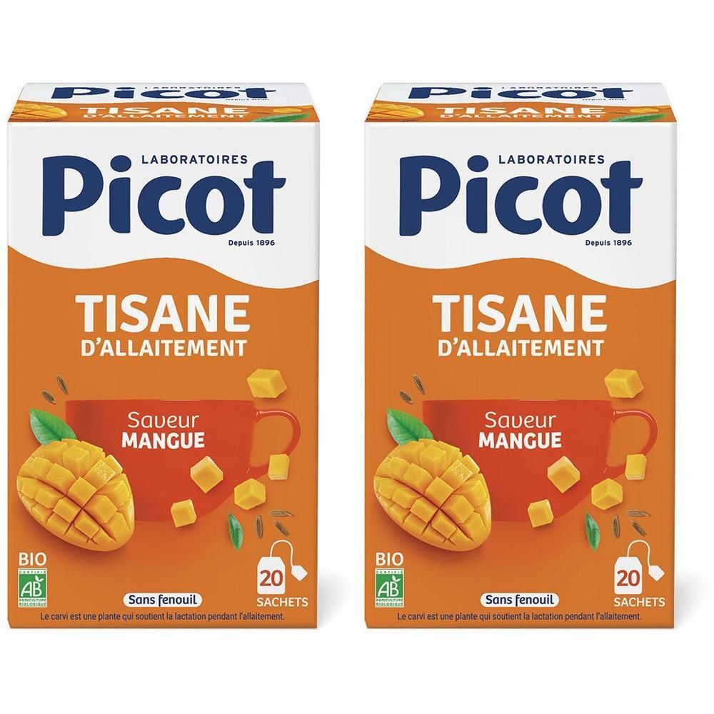 Deux boîtes de Laboratoires Picot Tisane d'Allaitement, saveur mangue. Emballage orange avec logo, texte et illustration de mangue.