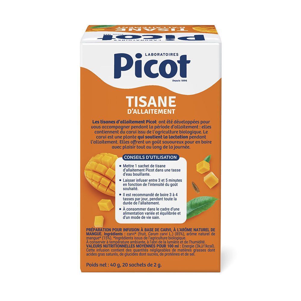 Laboratoires Picot Tisane d'Allaitement, saveur mangue. Emballage orange avec logo, texte, illustration de mangue et instructions d'utilisation.