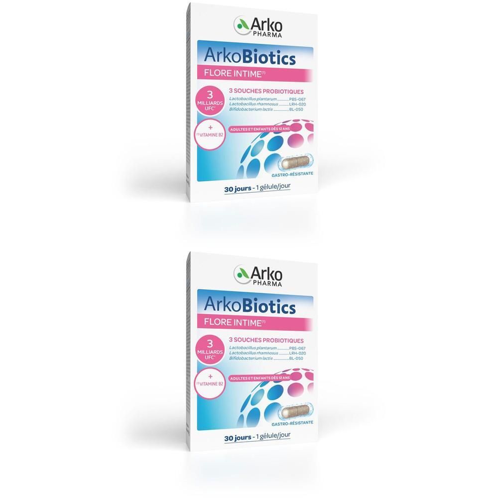 Deux boîtes Arkobiotics Flore intime. Emballage blanc avec nom et logo. 30 gélules, 3 souches probiotiques.