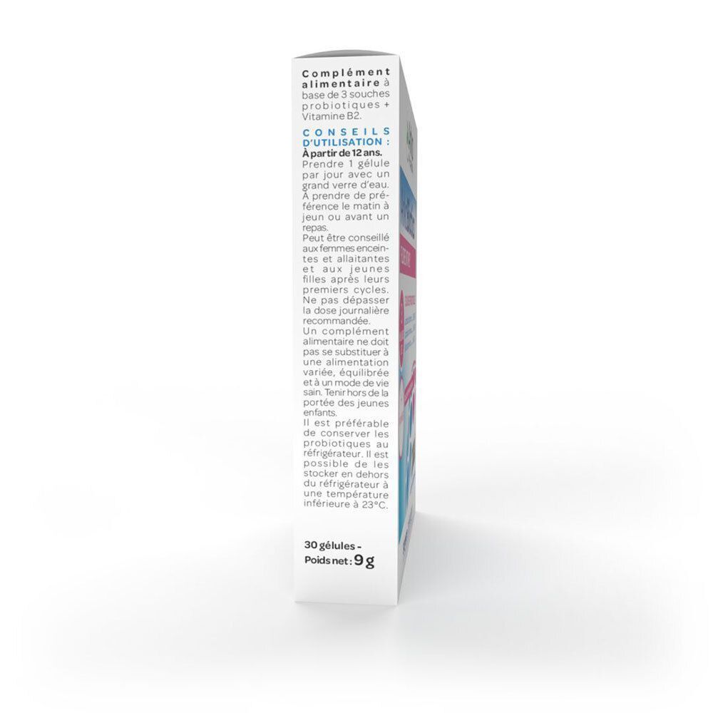 Dos de l'emballage. Contient les conseils d'utilisation. Texte en français. 30 gélules, poids net 9g.