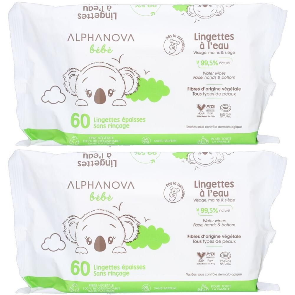 Deux paquets de lingettes. Marque ALPHANOVA bébé, illustration de koala, 60 lingettes. Texte: Lingettes à l'eau, 99,5% naturel.