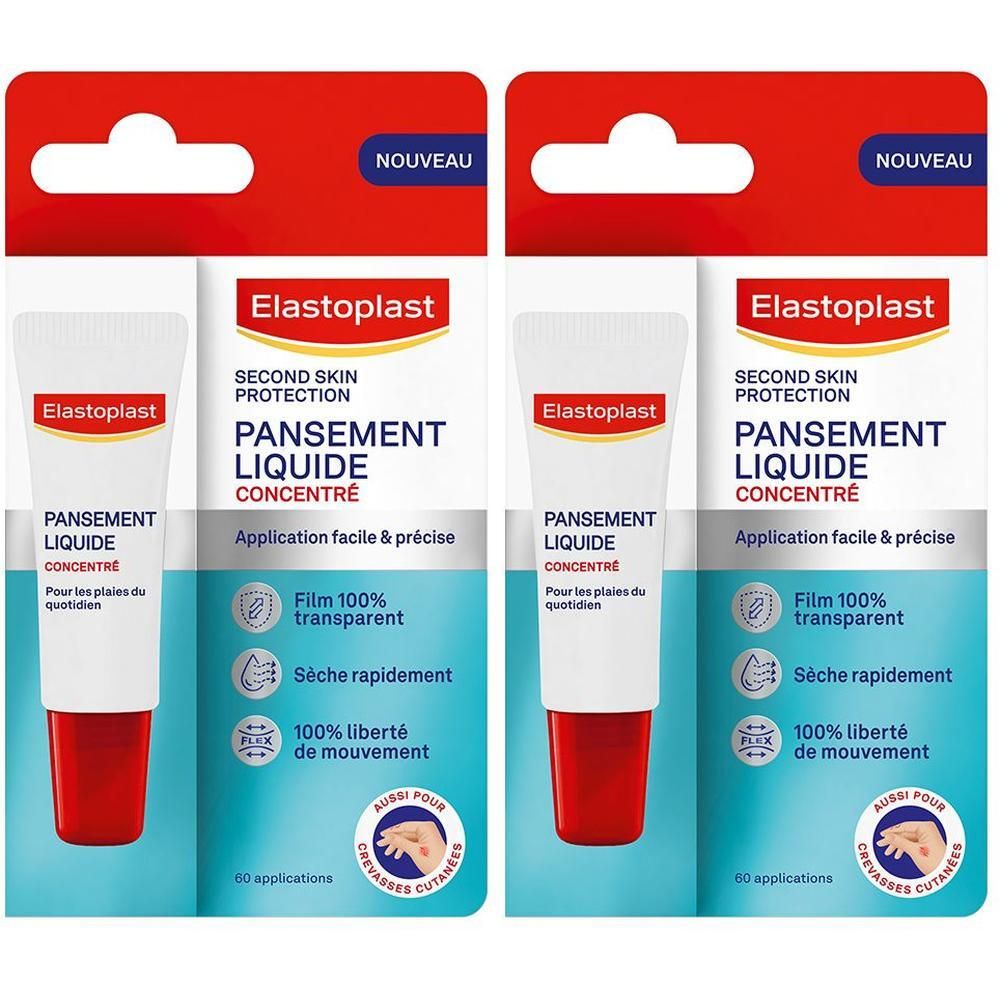 Deux emballages de pansement liquide Elastoplast. Tube blanc et rouge. Inscription: PANSEMENT LIQUIDE CONCENTRÉ.