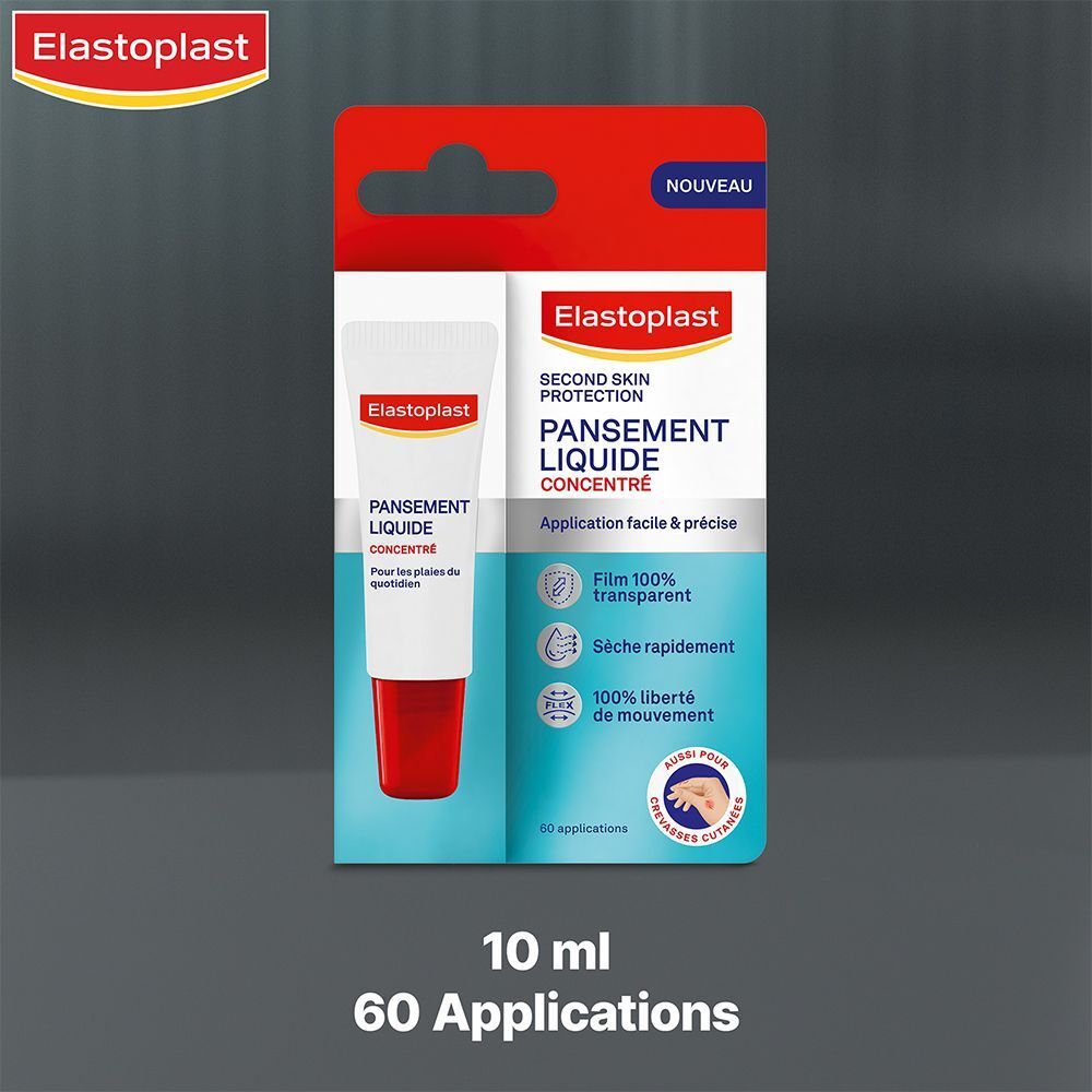 Emballage de pansement liquide. Marque Elastoplast. Tube de 10 ml pour 60 applications. Inscription: PANSEMENT LIQUIDE CONCENTRÉ.