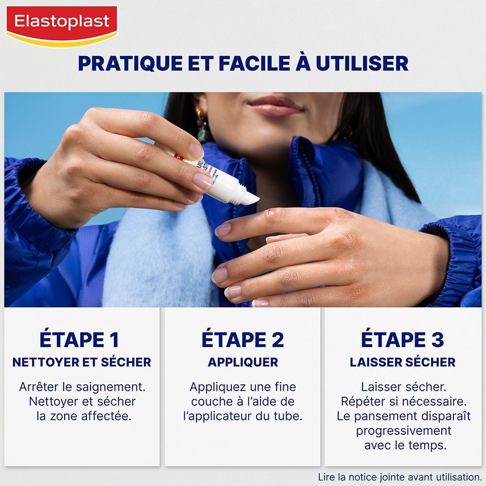 Instructions d'utilisation du pansement liquide. Étapes: Nettoyer et sécher, appliquer, laisser sécher.