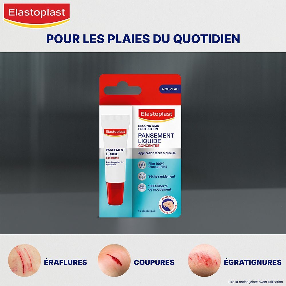 Emballage de pansement liquide. Marque Elastoplast. Domaines d'application: Éraflures, coupures, égratignures.