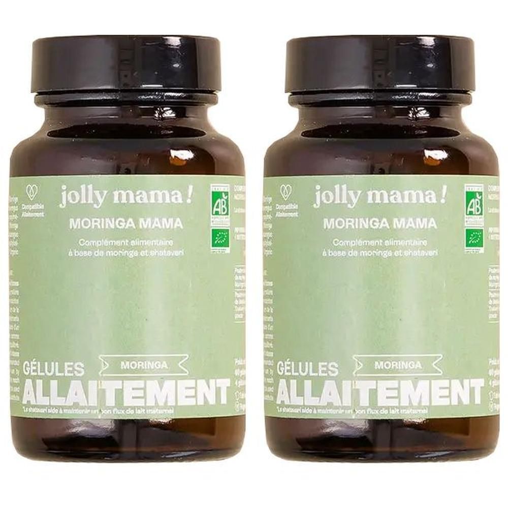 Deux flacons en verre brun avec bouchons noirs. Étiquettes "Jolly Mama Moringa Mama". Certifications et texte en français.