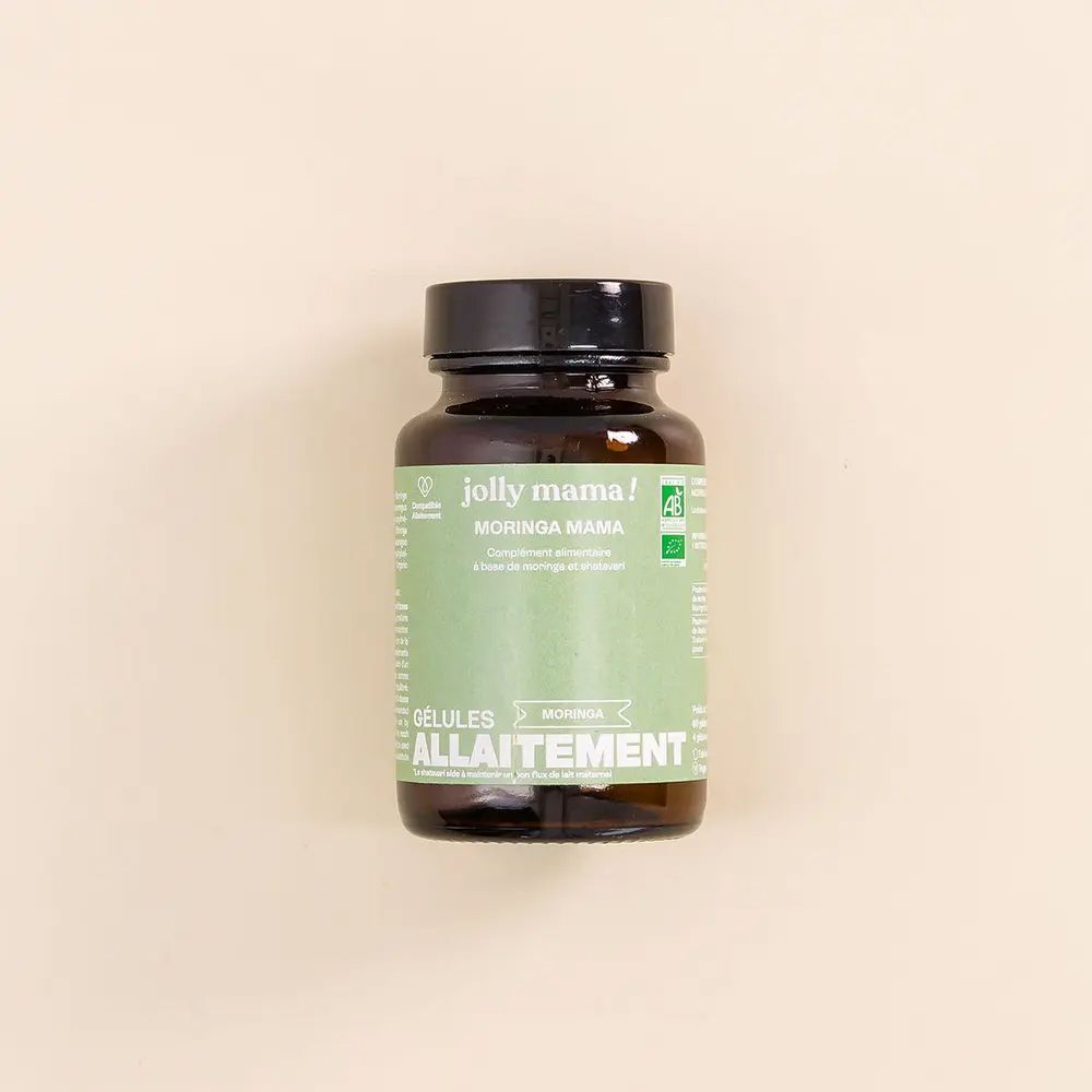 Flacon en verre brun avec bouchon noir. Étiquette "Jolly Mama Moringa Mama". Certifications et texte en français.