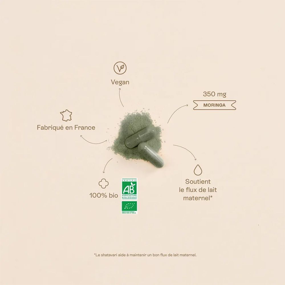 Gélules et poudre entourées de symboles et de texte. Contient "350 mg Moringa". Certifications et texte en français.