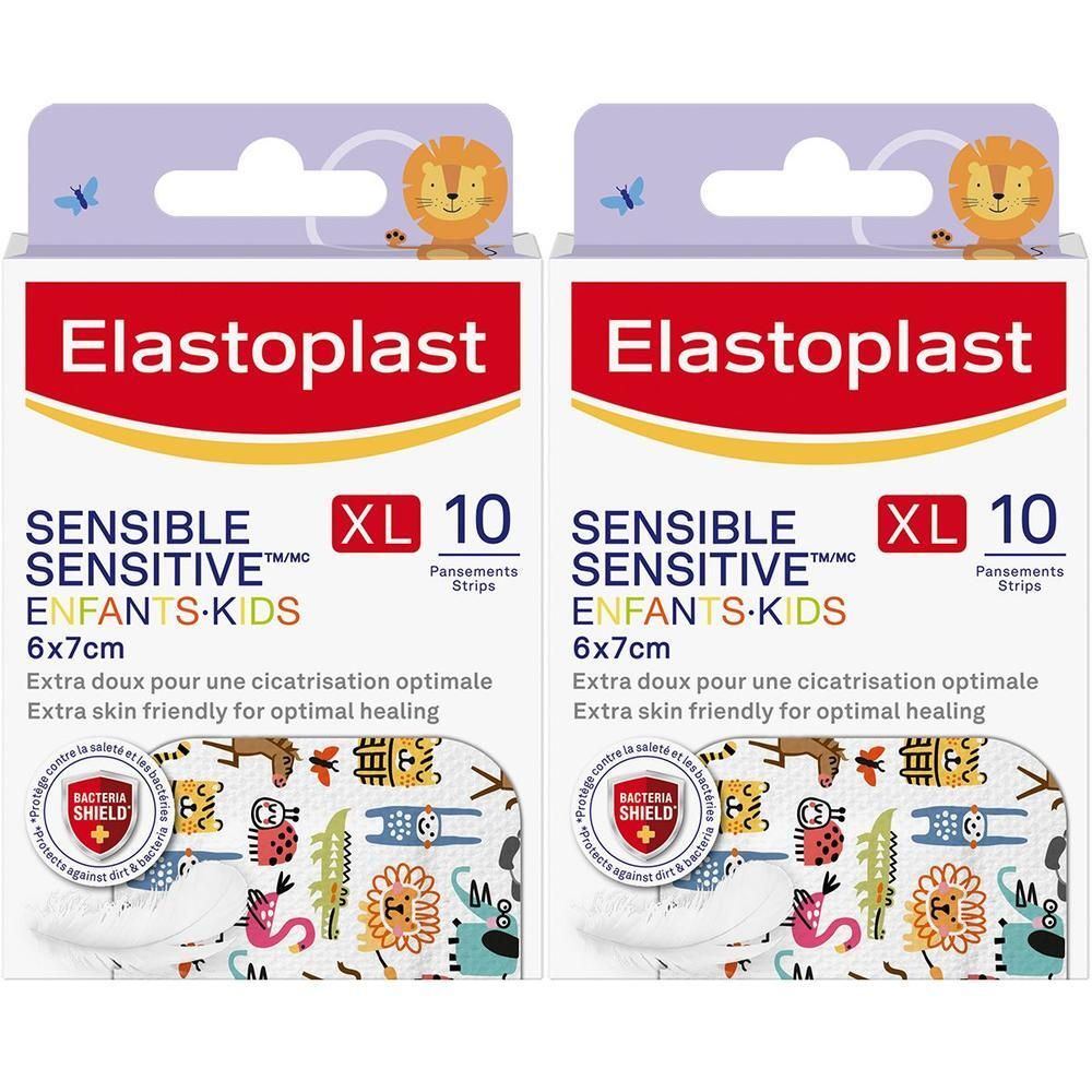 Deux boîtes de pansements ELASTOPLAST KIDS PANS 6x7cm XL, 10 unités. Emballage avec nom du produit, taille et design enfantin.