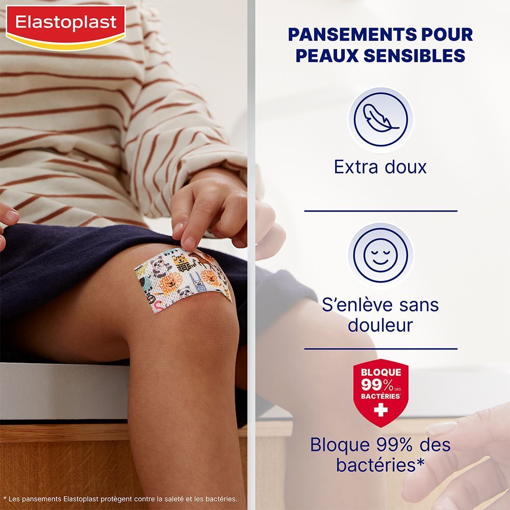Enfant avec pansement sur le genou. Texte: Extra doux, S'enlève sans douleur, Bloque 99% des bactéries. Logo ELASTOPLAST.