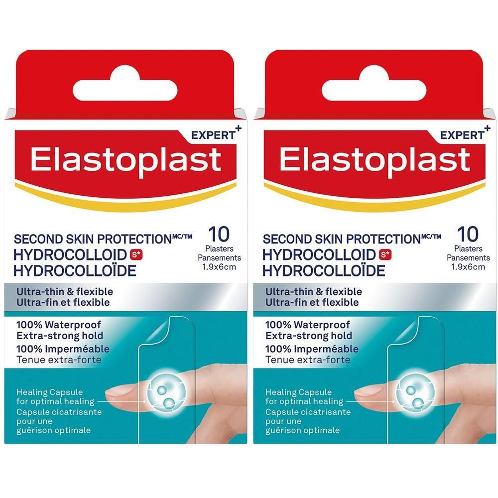 Deux boîtes de pansements Elasoplast. Inscription : SECOND SKIN PROTECTION, Hydrocolloïde. 10 pansements, 1,9x6cm. Expert+.