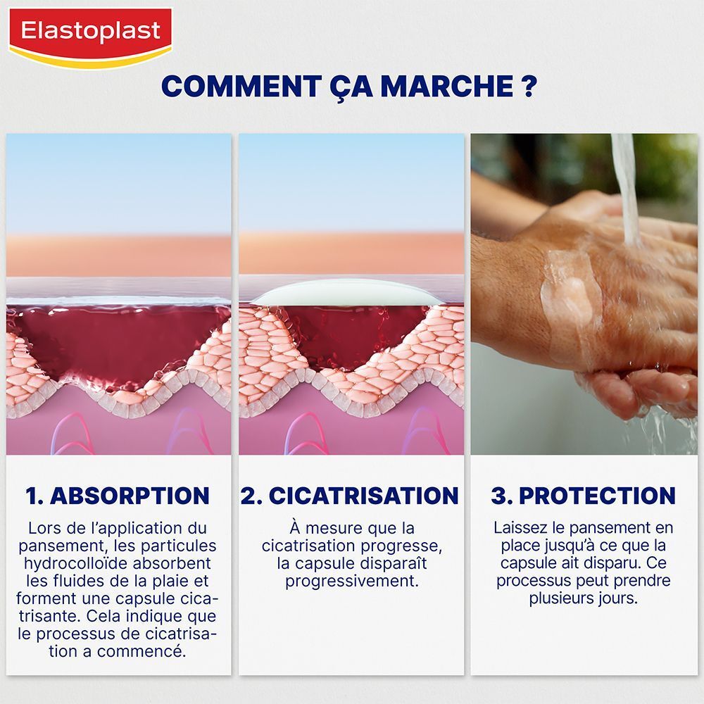Comment fonctionnent les pansements Elasoplast. Étapes : Absorption, cicatrisation, protection. Particules hydrocolloïdes absorbent.