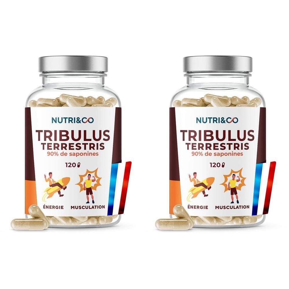 Deux flacons en verre de gélules. Inscription: NUTRI&CO Tribulus terrestris, 90% saponines. Drapeau français.