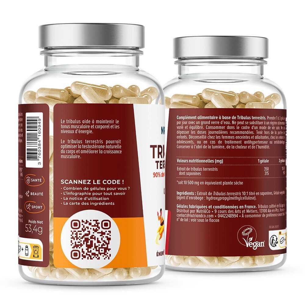 Dos de deux flacons en verre de gélules. Inscription: NUTRI&CO Tribulus terrestris, 90% saponines. Code QR.