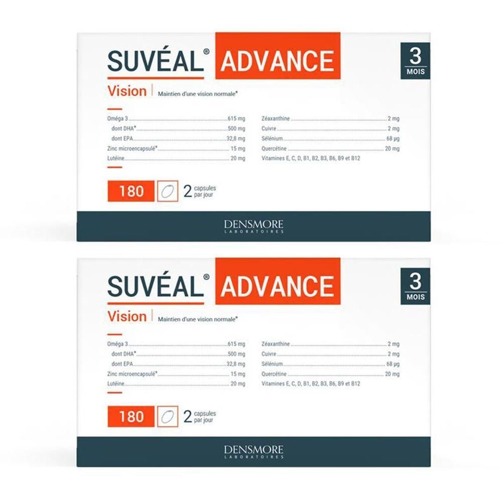 Deux boîtes de Suvéal Advance. Inscription : Vision, 180 capsules, 3 mois. Contient Oméga 3, zinc, vitamines. Marque Densmore.