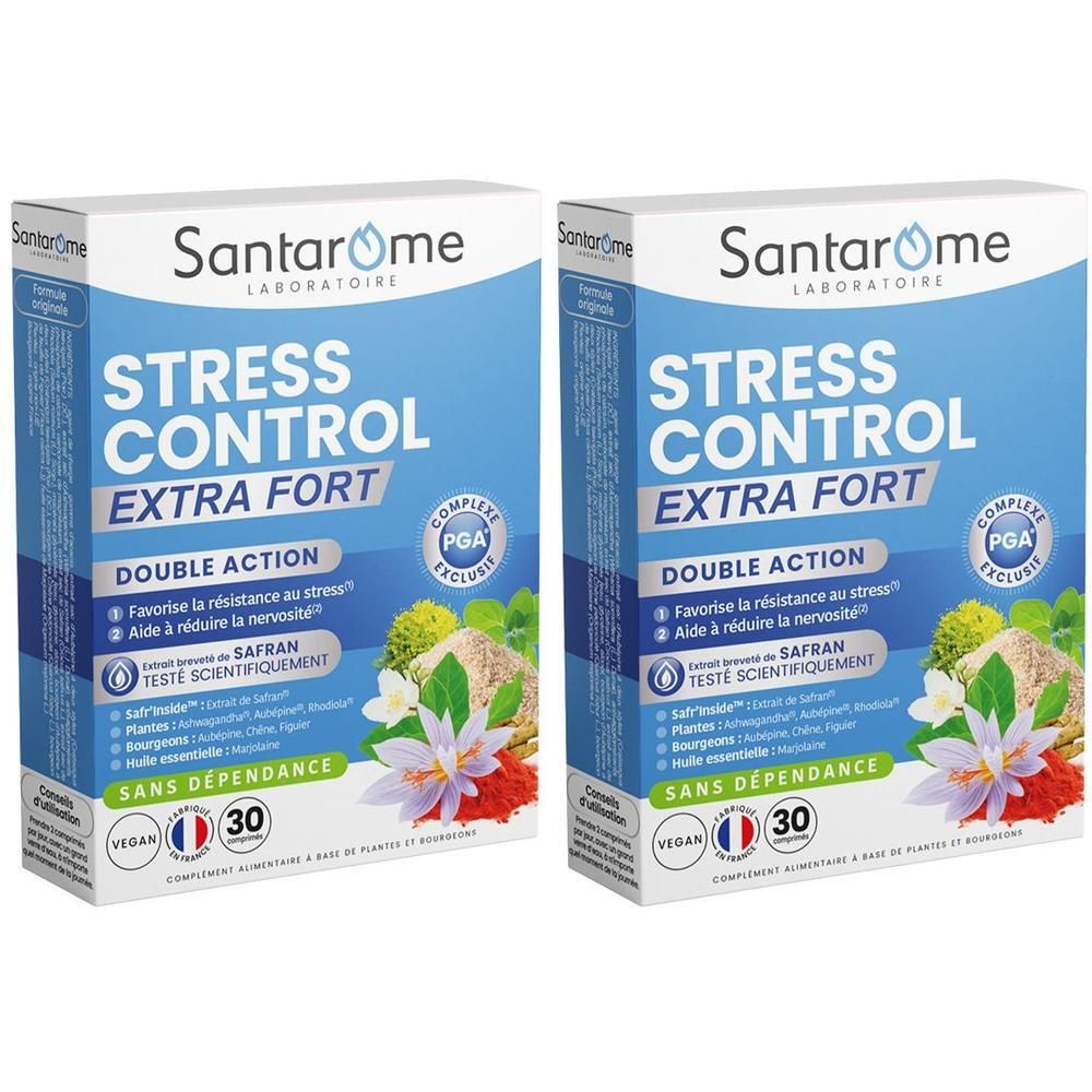 Deux boîtes de SANTAROME STRESS CONTROL EXTRA FORT. Emballage bleu avec nom du produit et ingrédients. 30 gélules, vegan.