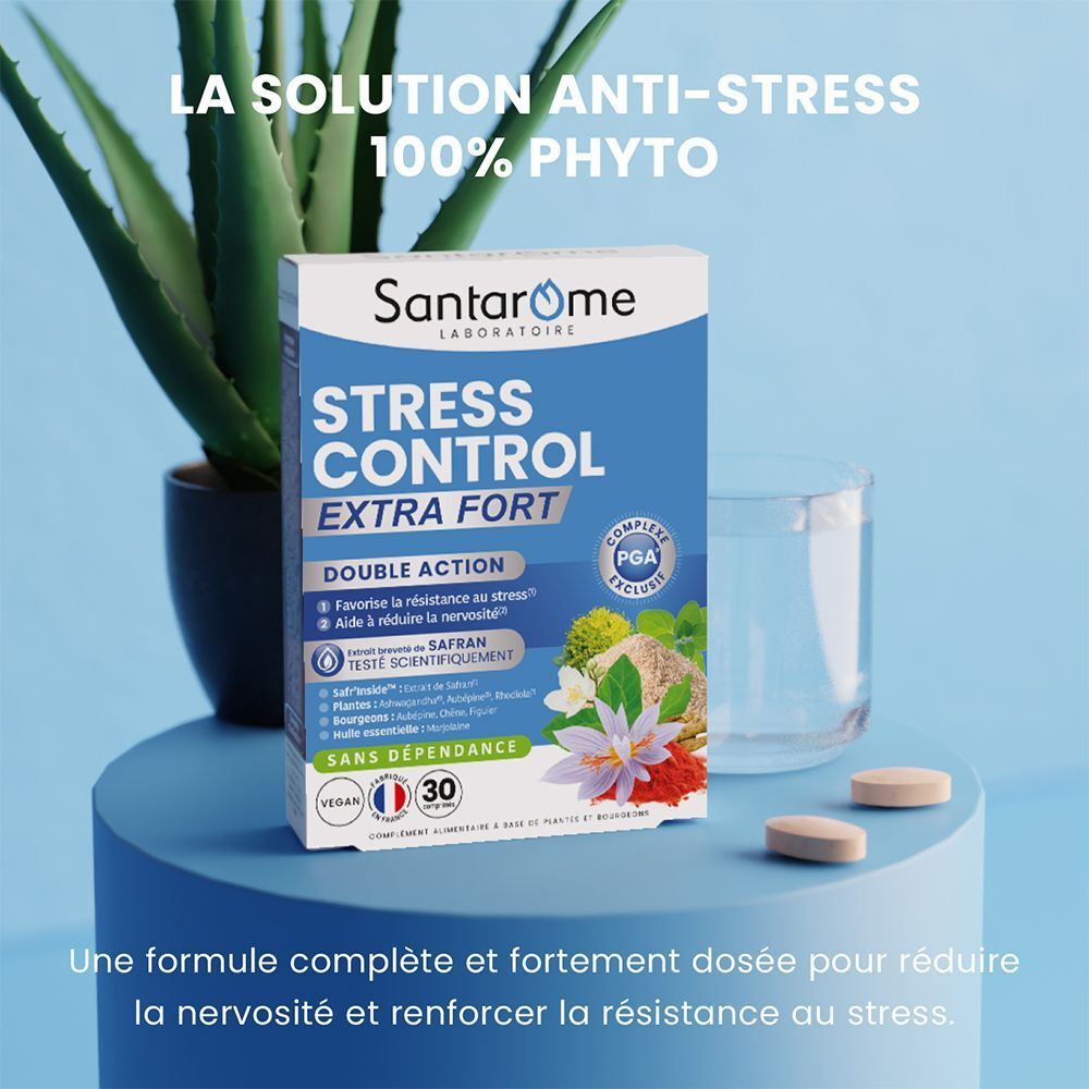 Boîte SANTAROME STRESS CONTROL EXTRA FORT. Emballage bleu avec nom du produit et ingrédients. 30 gélules, vegan. Sur socle bleu.